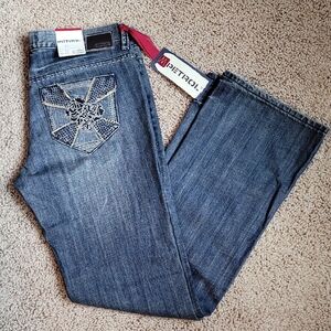 PETROL Channing Denim Low Rise Wide Bootcut Jeans with Embroidered Pockets